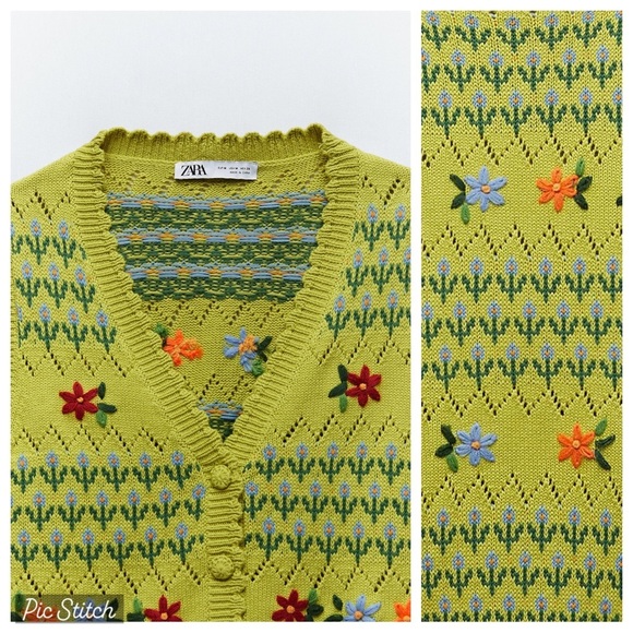 NWT. Zara V-neck Floral Knit Vest with Handcrafting. Size S. - Picture 3 of 6